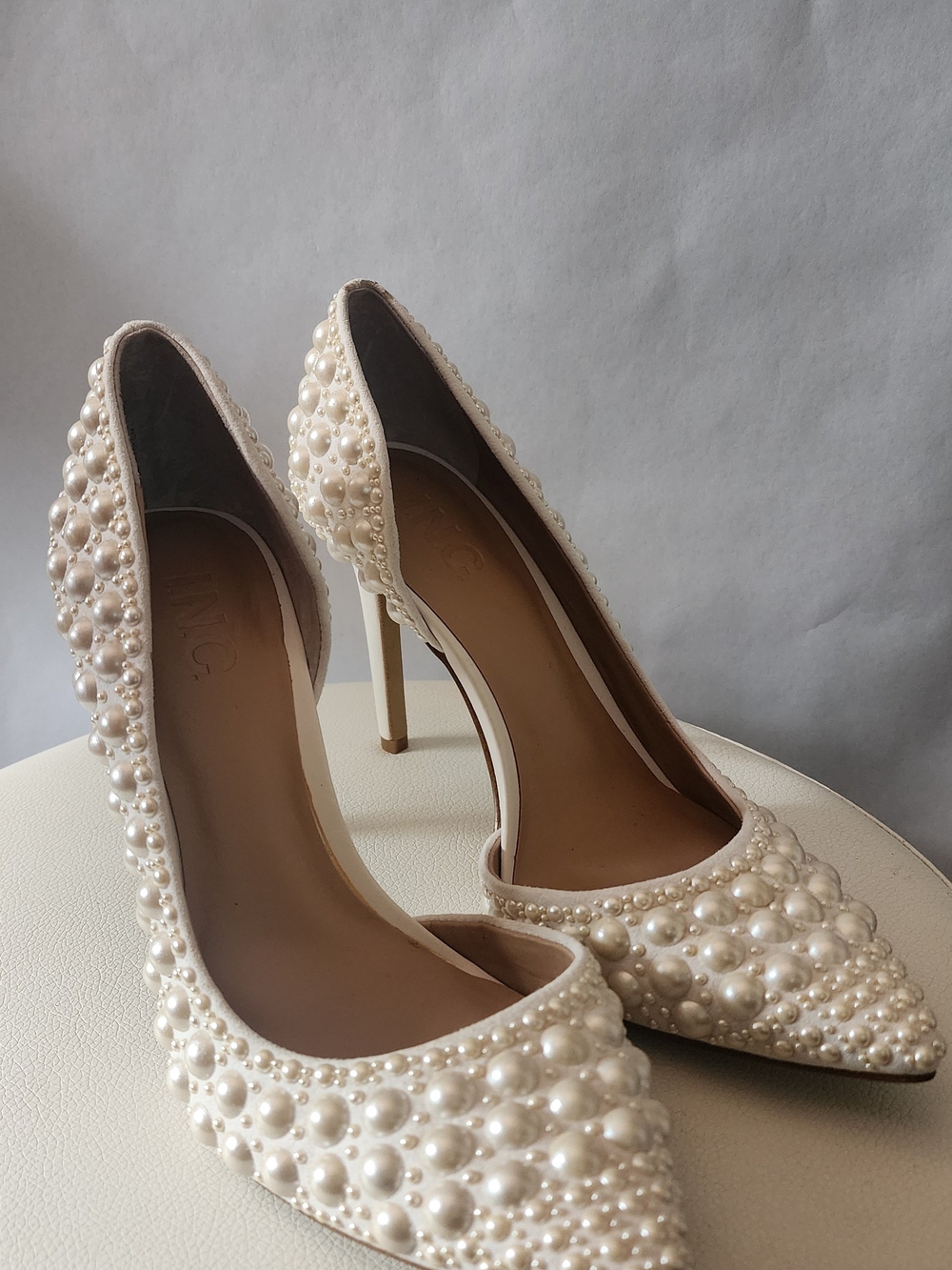 Pearl-Embellished Ivory Pointed Toe Stiletto Heels - Women